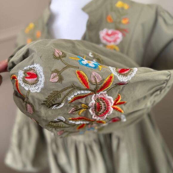 Women's V Neck Long Lantern Sleeve Shift Mini Dress Bohemian Embroidered Size M - Picture 4 of 12